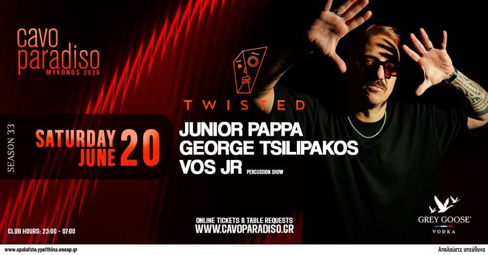 Cavo Residents Night | Twisted w/ Junior Pappa • George Tsilipakos • Vos Jr (percussion show) event cover